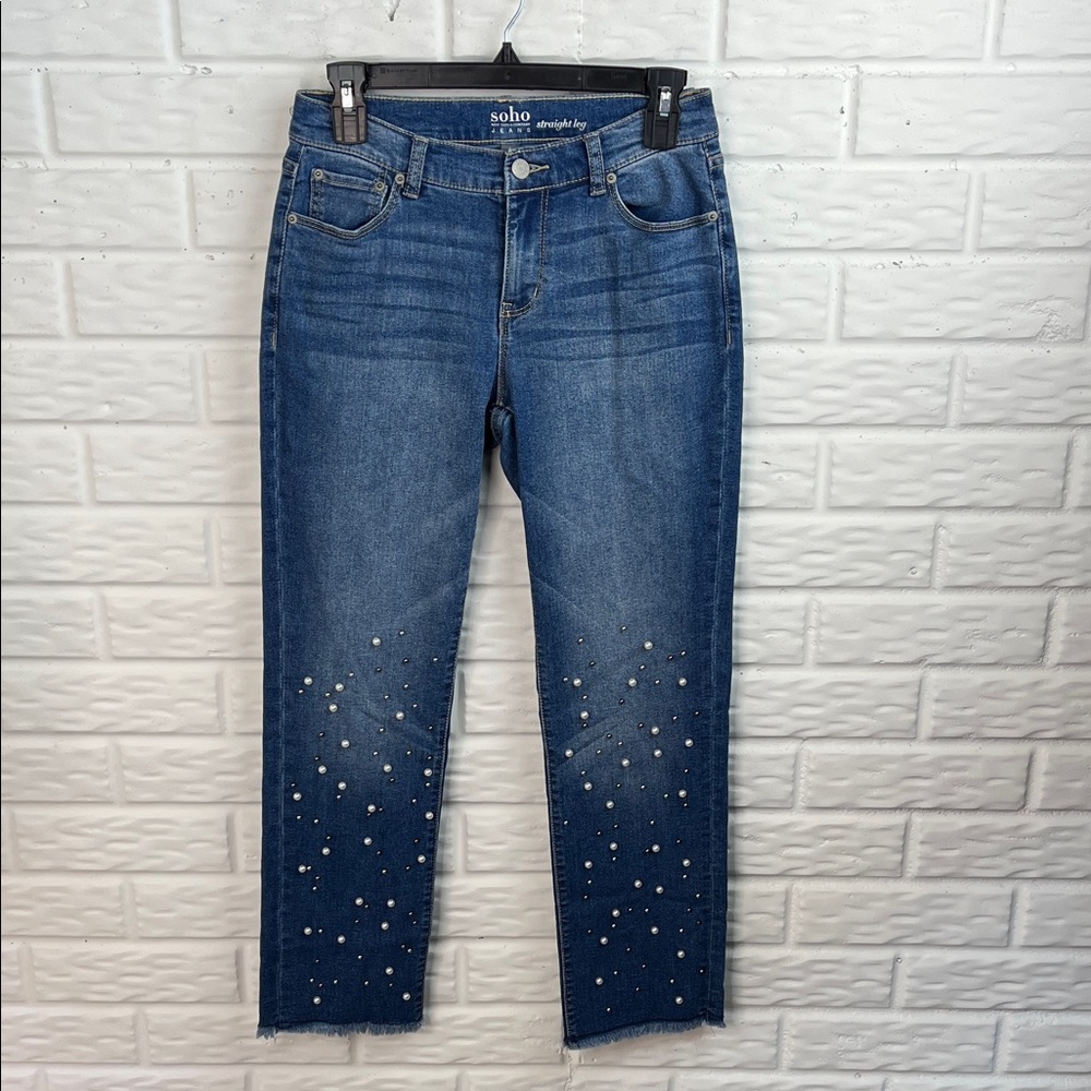 NEW YORK & COMPANY SOHO STRAIGHT LEG CROP RAW HEM EMBELLISHED PEARLS JEANS SZ 2